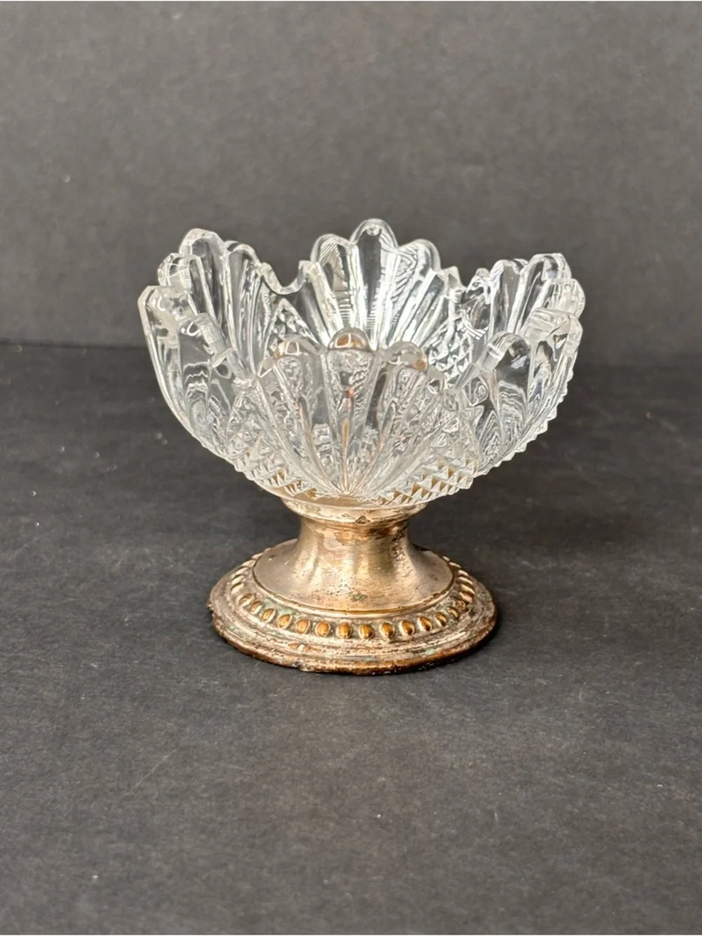 Vintage Lotus Cut Glass Open Salt Cellar -Pedestal Silver-Plated Base